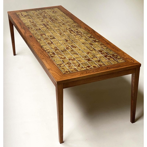 212 - LOW TABLE, vintage exotic wood veneered and tiled, 168cm x 62cm x 51cm H.