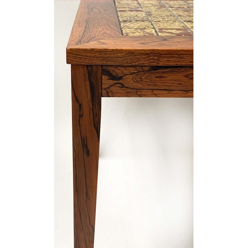 212 - LOW TABLE, vintage exotic wood veneered and tiled, 168cm x 62cm x 51cm H.