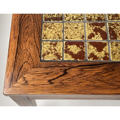 212 - LOW TABLE, vintage exotic wood veneered and tiled, 168cm x 62cm x 51cm H.