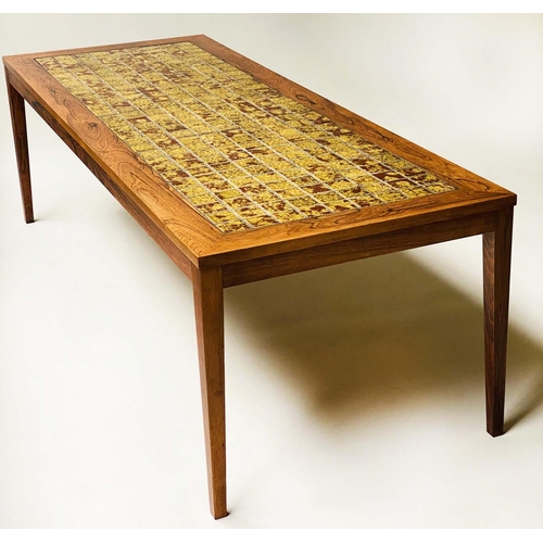 212 - LOW TABLE, vintage exotic wood veneered and tiled, 168cm x 62cm x 51cm H.