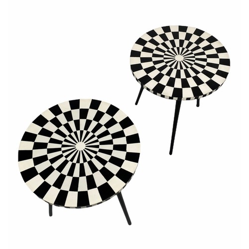 7 - SIDE TABLES, a pair, 1970's Italian design, circular inlaid tops on tripod metal legs, 46cm H x 41cm... 