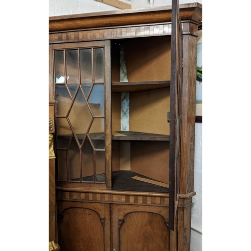 461 - CORNER CABINET, 110cm x 197cm H, George IV oak, with carved and inlaid detail, in two parts with gla... 