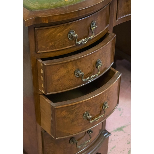 447 - KNEEHOLE DESK, 75cm H x 115cm x 54cm Georgian style burr walnut with green leather top above nine dr... 