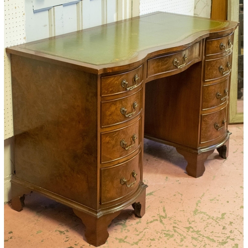 447 - KNEEHOLE DESK, 75cm H x 115cm x 54cm Georgian style burr walnut with green leather top above nine dr... 