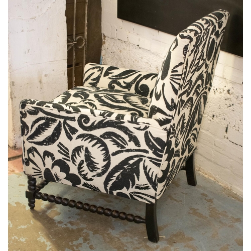 448 - ARMCHAIR, 92cm H x 65cm x 73cm, early 20th century ebonised and newly upholstered in black and white... 