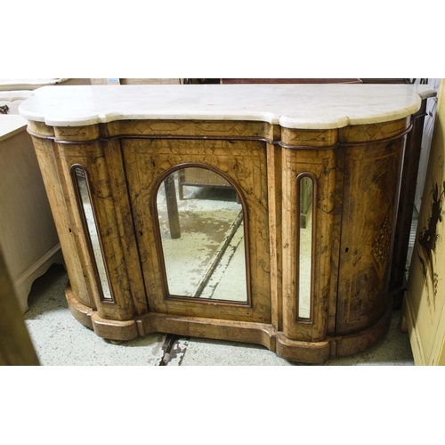 530 - CREDENZA, 91cm H x 151cm x 49cm, Victorian burr walnut and marquetry, circa 1860, with white marble ... 