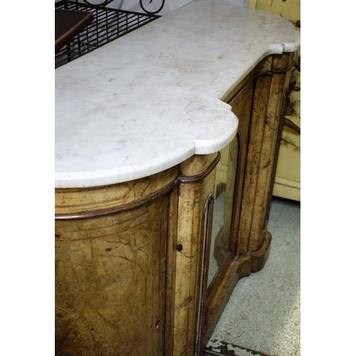 530 - CREDENZA, 91cm H x 151cm x 49cm, Victorian burr walnut and marquetry, circa 1860, with white marble ... 