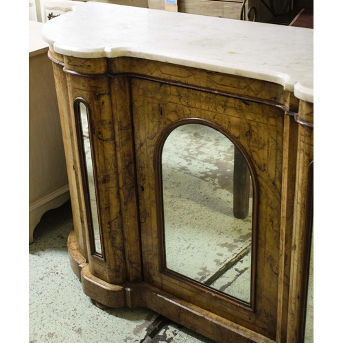 530 - CREDENZA, 91cm H x 151cm x 49cm, Victorian burr walnut and marquetry, circa 1860, with white marble ... 