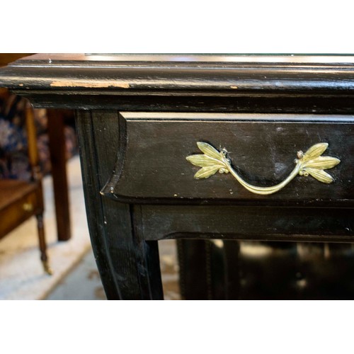 528 - BUREAU PLAT, 80cm D x 139cm W x 78cm H, ebonised wood with inset glass top above two small drawers o... 