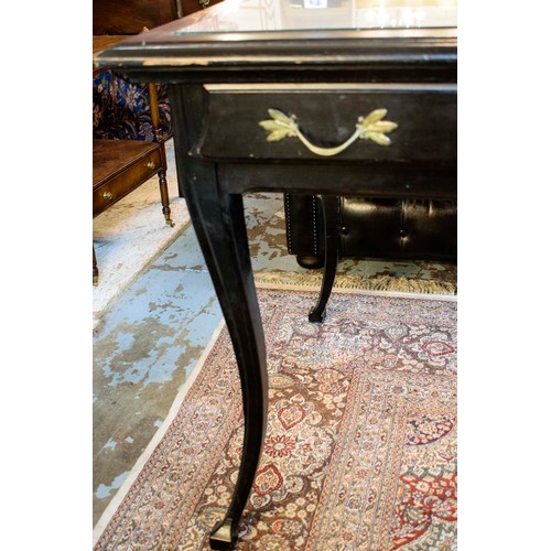 528 - BUREAU PLAT, 80cm D x 139cm W x 78cm H, ebonised wood with inset glass top above two small drawers o... 