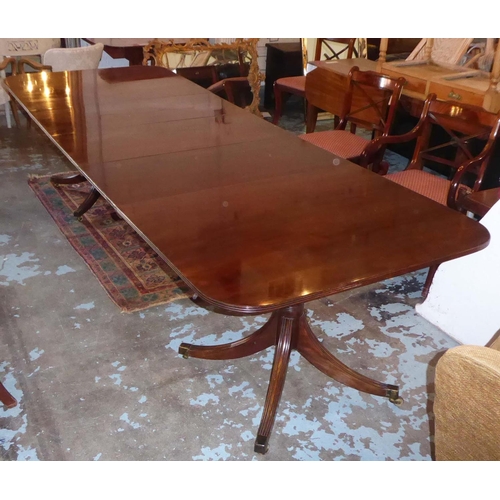 499 - DINING TABLE, 292cm L extended x 73cm H x 107cm D Regency design figured mahogany extending with thr... 