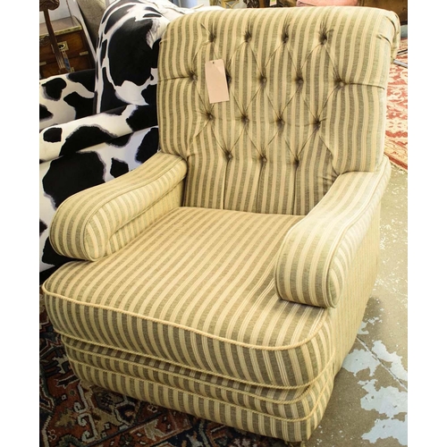 498 - ARMCHAIR, 93cm H x 80cm W x 105cm D, striped upholstery with cushion seat and brass front castors.