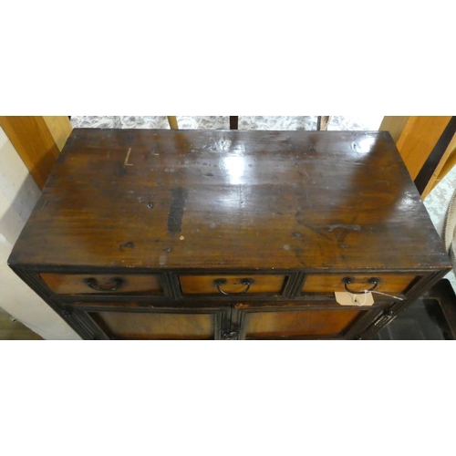 496 - KOREAN CABINET. 69cm W x 102cm x 34cm, 19th century elm, with three drawers and four doors.