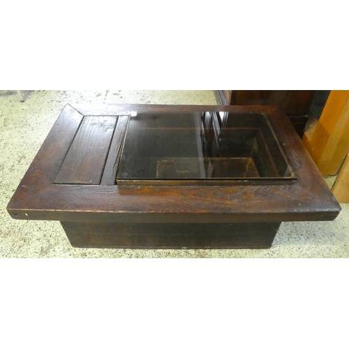 497 - HIBACHI, 81cm W x 50cm D x 31cm H, 19th century and later elm with modern glass top, copper liner an... 