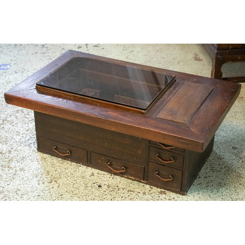 497 - HIBACHI, 81cm W x 50cm D x 31cm H, 19th century and later elm with modern glass top, copper liner an... 