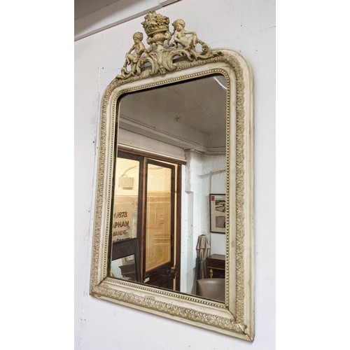 495 - WALL MIRROR, 101cm H x 63cm, 19th century French gessoed wood with old plate beneath an urn and cher... 