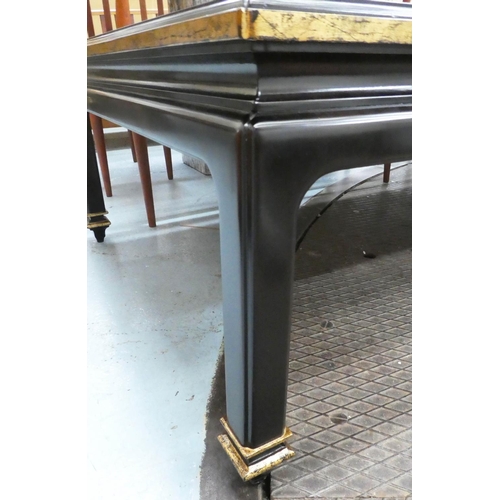 43 - LOW TABLE, 90cm x 48cm H x 178cm, black with gilt Chinoiserie detail.