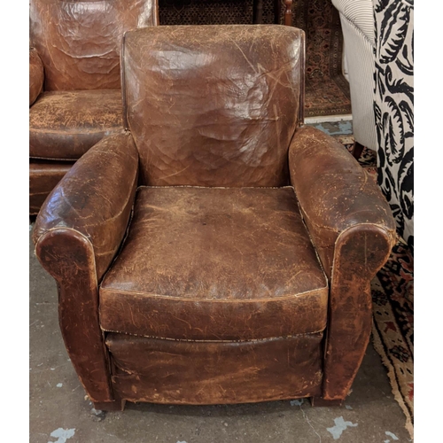 458 - CLUB ARMCHAIRS, 76cm H x 83cm, a pair, Art Deco, in original brown leather with cushion seats. (2)