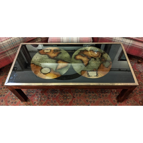 457 - LOW TABLE, 40cm H x 105cm x 49cm, brass bound with world map decorated and glazed top.