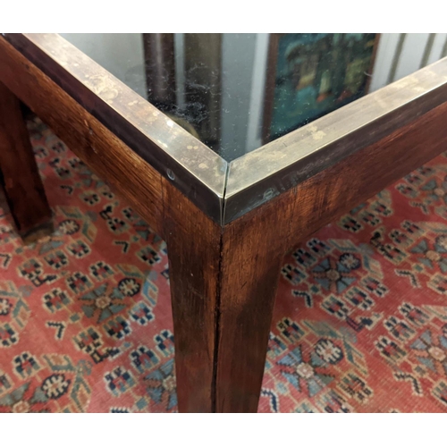 457 - LOW TABLE, 40cm H x 105cm x 49cm, brass bound with world map decorated and glazed top.