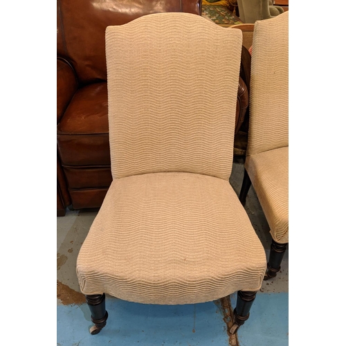 449 - SIDE CHAIRS, 54cm W, a pair, Napoleon III ebonised in patterned cream material on castors. (2)