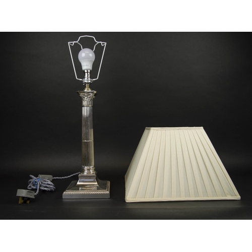 390 - CORINTHIAN COLUMN LAMP, silver plated, recently reconditioned with silk pleated shade, 62cm H.