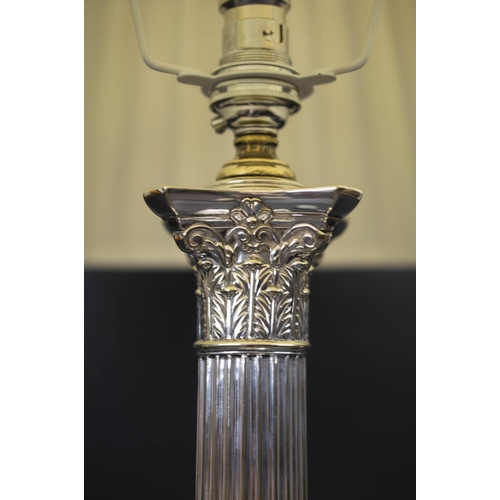 390 - CORINTHIAN COLUMN LAMP, silver plated, recently reconditioned with silk pleated shade, 62cm H.