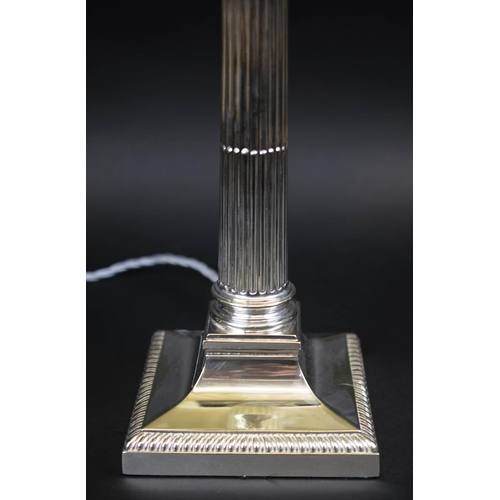 390 - CORINTHIAN COLUMN LAMP, silver plated, recently reconditioned with silk pleated shade, 62cm H.