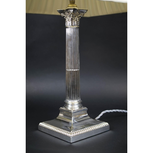 390 - CORINTHIAN COLUMN LAMP, silver plated, recently reconditioned with silk pleated shade, 62cm H.