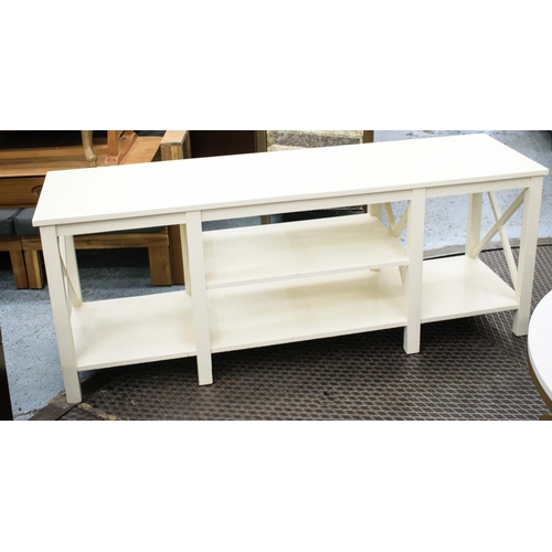 199 - OKA LOW BOOKSHELVES, 155cm L x 60cm H x 45cm D cream.