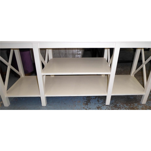 199 - OKA LOW BOOKSHELVES, 155cm L x 60cm H x 45cm D cream.