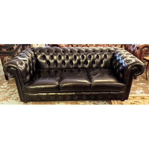 536 - CHESTERFIELD SOFA, 90cm x 78cm H x 195cm, black leather.