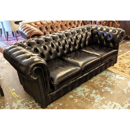 536 - CHESTERFIELD SOFA, 90cm x 78cm H x 195cm, black leather.