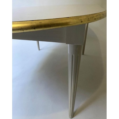 517 - EXTENDING DINING TABLE, French Directoire style grey lacquered and parcel gilt with two additional l... 