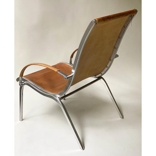 522 - CANYON ARMCHAIR, sling armchair with stitched ranch raw leather on polished bolted aluminium frame, ... 