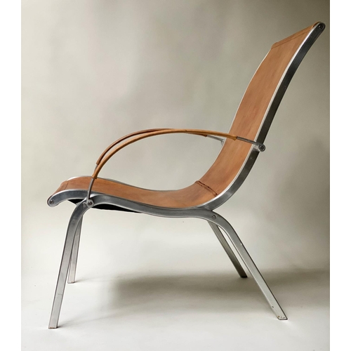 522 - CANYON ARMCHAIR, sling armchair with stitched ranch raw leather on polished bolted aluminium frame, ... 