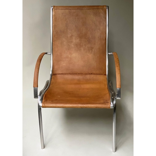 522 - CANYON ARMCHAIR, sling armchair with stitched ranch raw leather on polished bolted aluminium frame, ... 