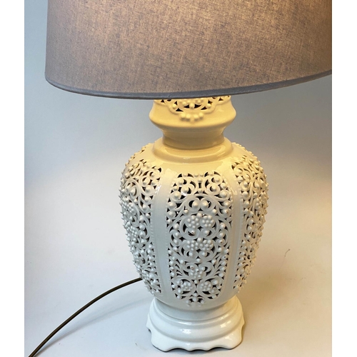 519 - TABLE LAMPS, a pair, reticulated white ceramic of vase form with shades, 76cm H. (2)