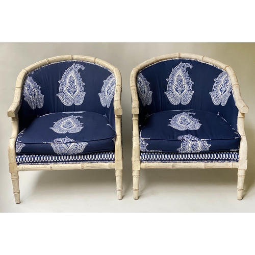 521 - FAUX BAMBOO ARMCHAIRS, a pair, batik royal blue cotton/linen upholstered, 68cm W. (2)