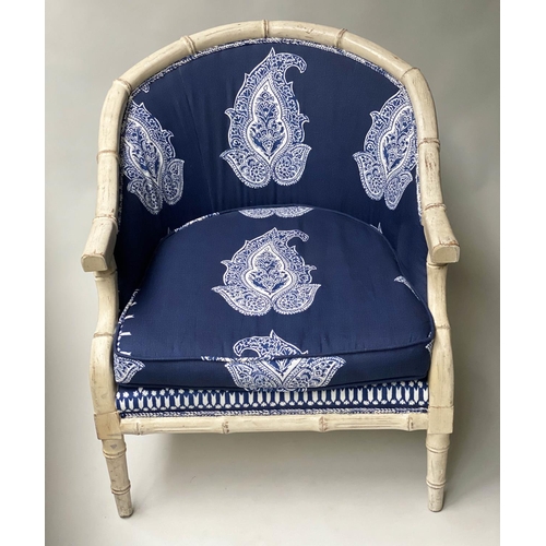 521 - FAUX BAMBOO ARMCHAIRS, a pair, batik royal blue cotton/linen upholstered, 68cm W. (2)