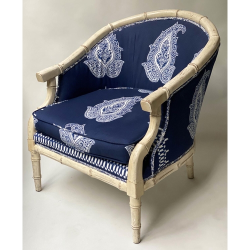 521 - FAUX BAMBOO ARMCHAIRS, a pair, batik royal blue cotton/linen upholstered, 68cm W. (2)