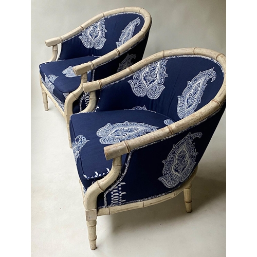 521 - FAUX BAMBOO ARMCHAIRS, a pair, batik royal blue cotton/linen upholstered, 68cm W. (2)