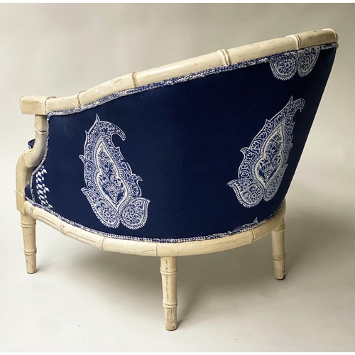 521 - FAUX BAMBOO ARMCHAIRS, a pair, batik royal blue cotton/linen upholstered, 68cm W. (2)