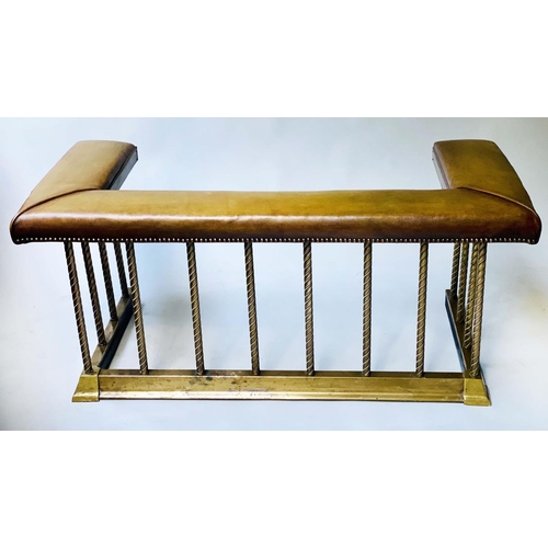 511 - CLUB FENDER, Early 20th century green leather upholstered seat raised upon spiral twist brass balust... 