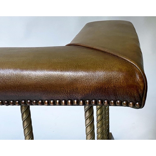 511 - CLUB FENDER, Early 20th century green leather upholstered seat raised upon spiral twist brass balust... 