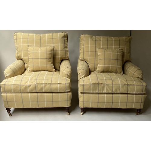 512 - ARMCHAIRS, a pair, Howard style in ochre ground check fabric and turned supports. 86cm W (2)