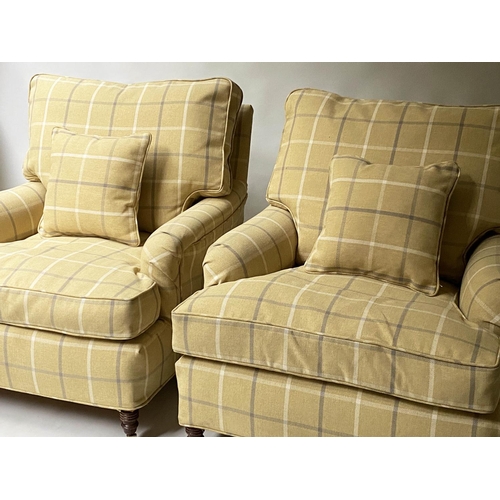 512 - ARMCHAIRS, a pair, Howard style in ochre ground check fabric and turned supports. 86cm W (2)