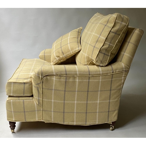 512 - ARMCHAIRS, a pair, Howard style in ochre ground check fabric and turned supports. 86cm W (2)