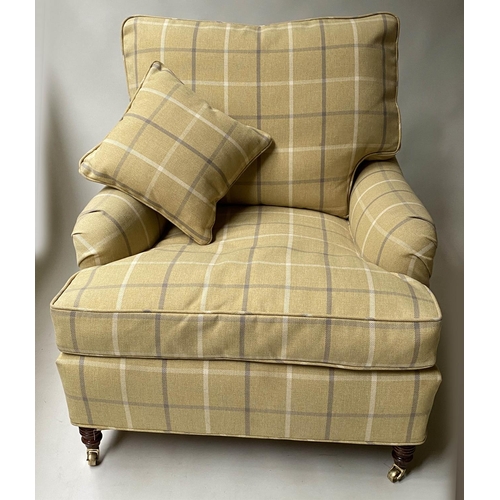 512 - ARMCHAIRS, a pair, Howard style in ochre ground check fabric and turned supports. 86cm W (2)