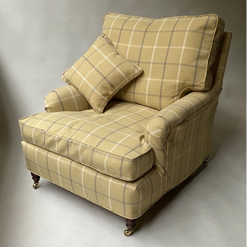 512 - ARMCHAIRS, a pair, Howard style in ochre ground check fabric and turned supports. 86cm W (2)